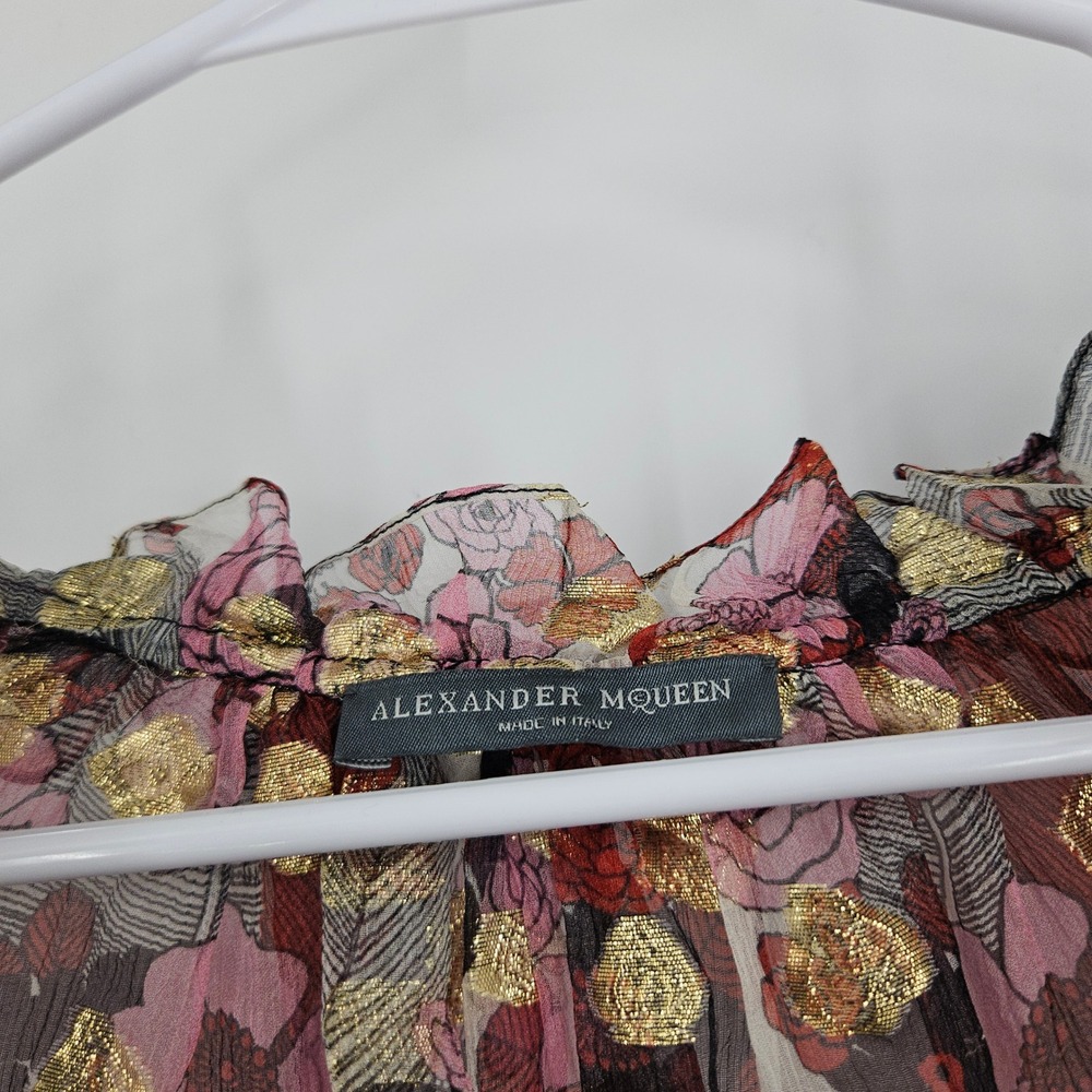 Alexander McQueen Silk Sheer Floral Blouse Maroon Gold Metallic Ruffle Peasant - Picture 3 of 11
